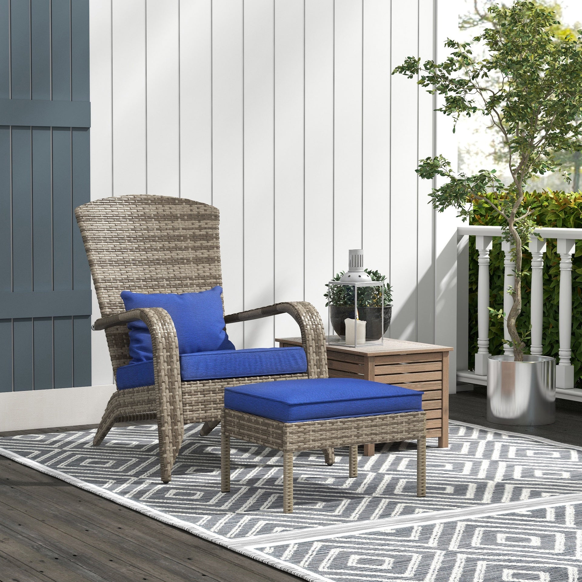 Outsunny Wicker Adirondack Chair Fire Pit Chair w/ Ottoman & Cushions, Blue
