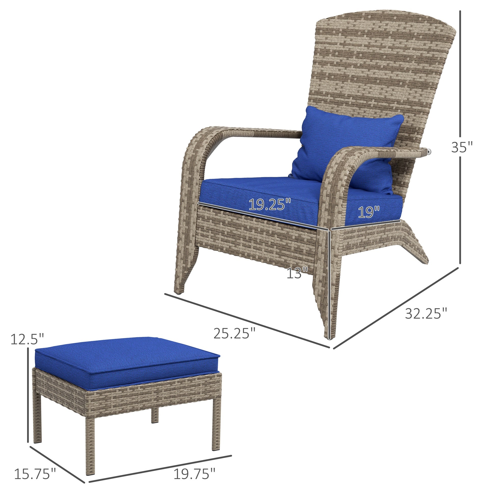 Outsunny Wicker Adirondack Chair Fire Pit Chair w/ Ottoman & Cushions, Blue