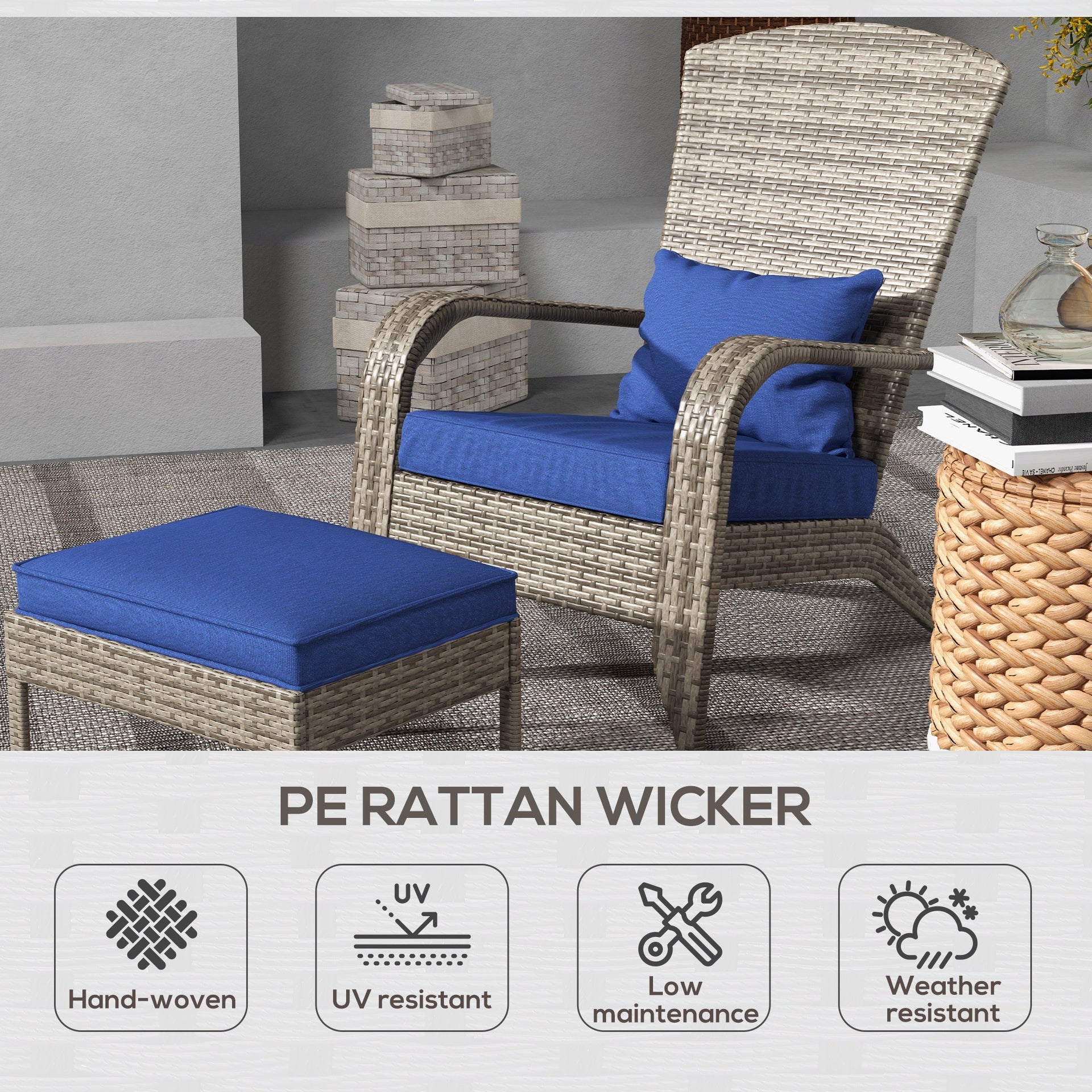 Outsunny Wicker Adirondack Chair Fire Pit Chair w/ Ottoman & Cushions, Blue