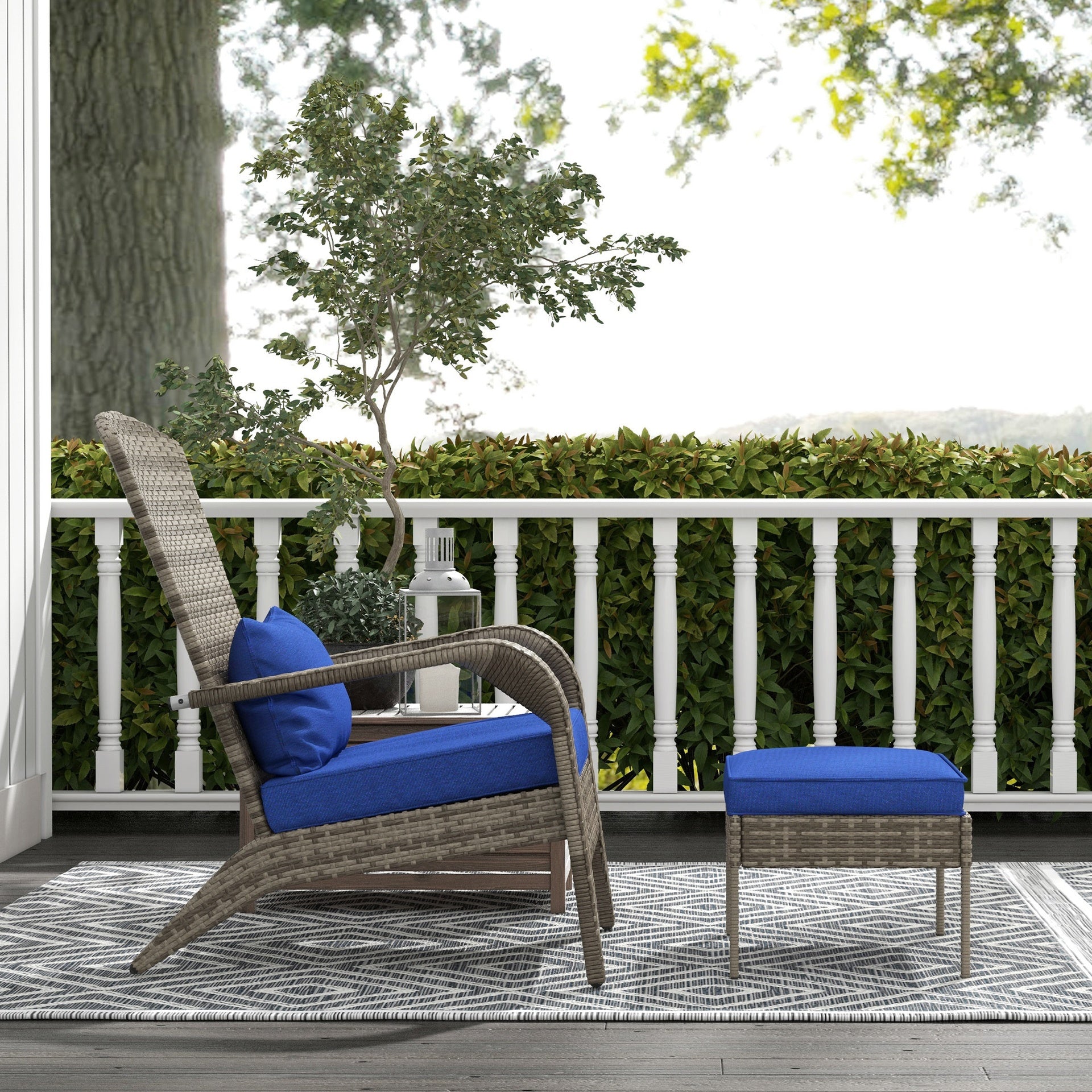 Outsunny Wicker Adirondack Chair Fire Pit Chair w/ Ottoman & Cushions, Blue