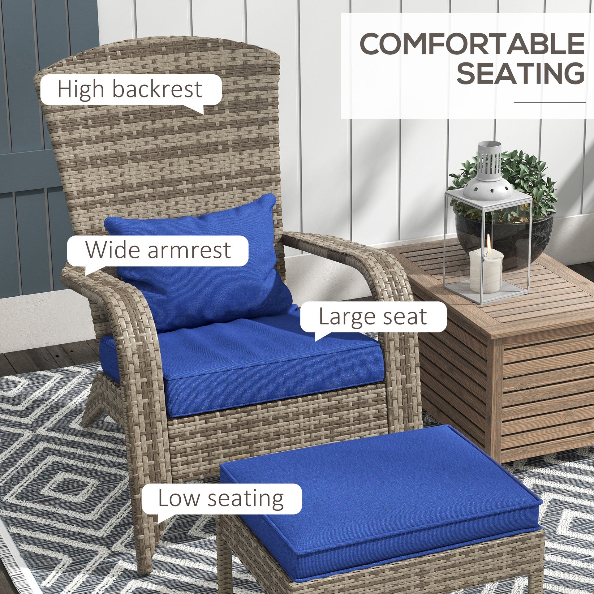Outsunny Wicker Adirondack Chair Fire Pit Chair w/ Ottoman & Cushions, Blue