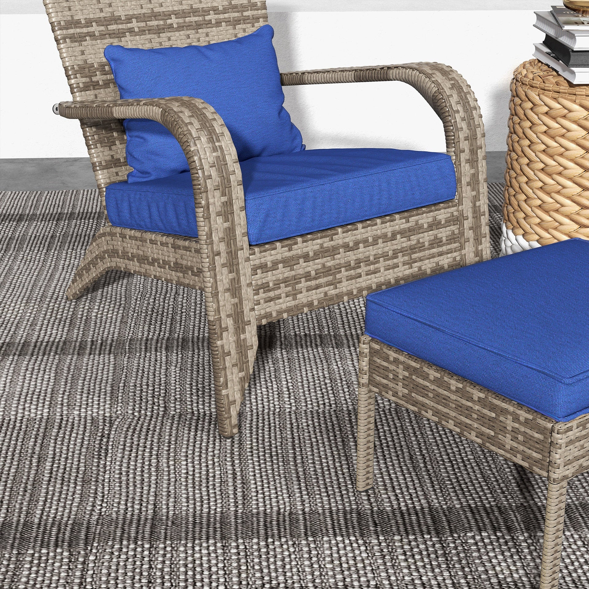Outsunny Wicker Adirondack Chair Fire Pit Chair w/ Ottoman & Cushions, Blue