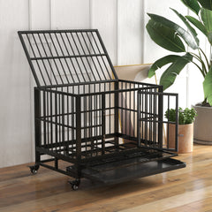 PawHut 36" Heavy Duty Dog Crate Metal Cage Kennel with Lockable Wheels, Double Door and Removable Tray, Gray