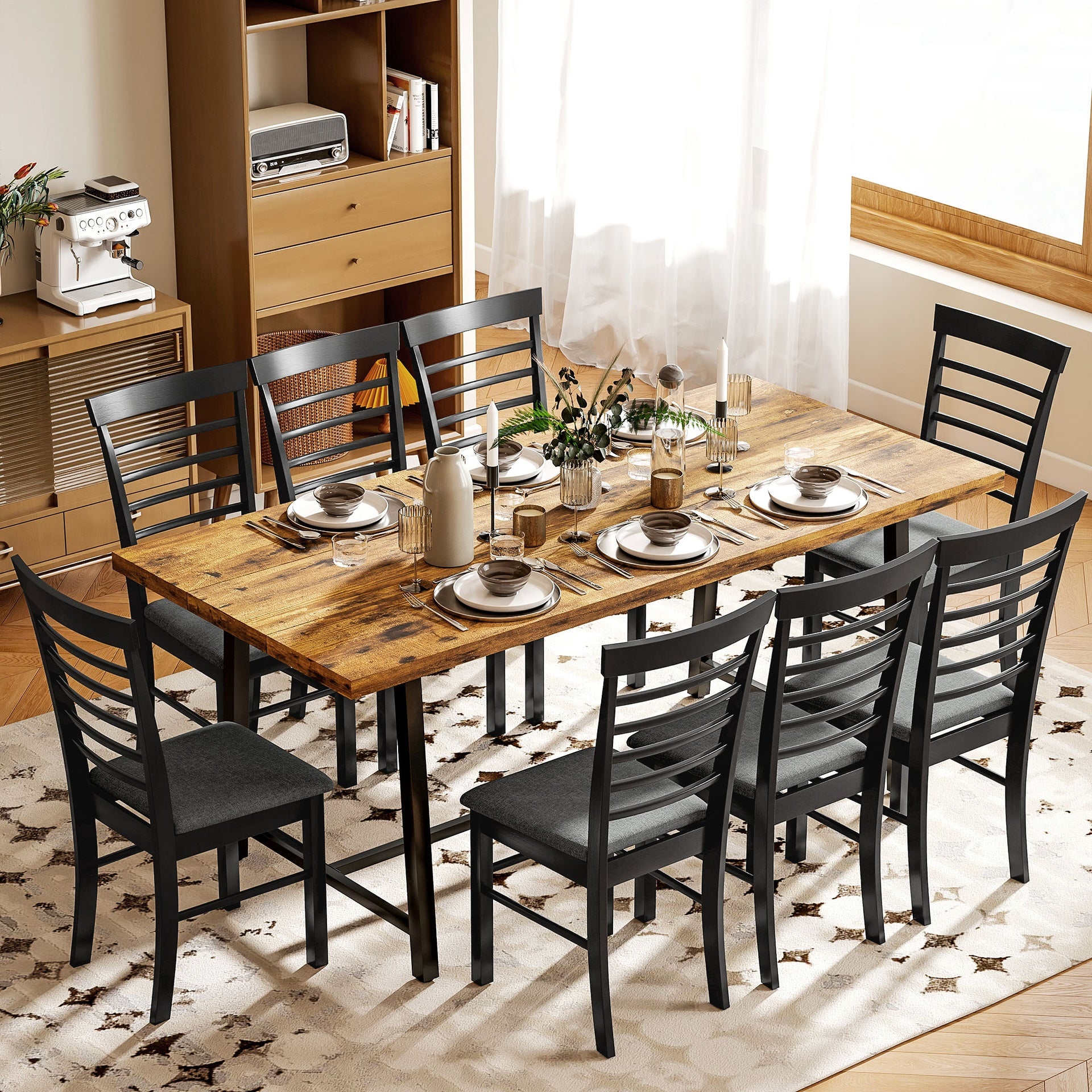 HOMCOM Wooden Dining Chairs Set of 4, Farmhouse Upholstered Kitchen Chairs with Rubber Wood Frame, Black and Gray