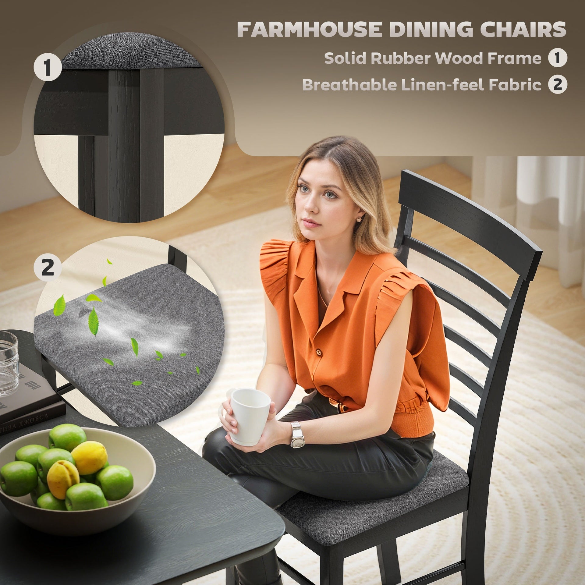 HOMCOM Wooden Dining Chairs Set of 4, Farmhouse Upholstered Kitchen Chairs with Rubber Wood Frame, Black and Gray