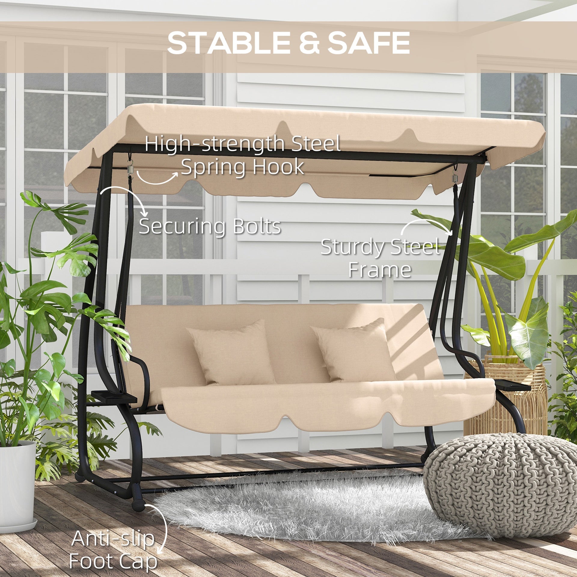 Outsunny Free Standing Swing Bench, Porch Swing with Stand, Adjustable Canopy, Cushion and Pillows, Ecru