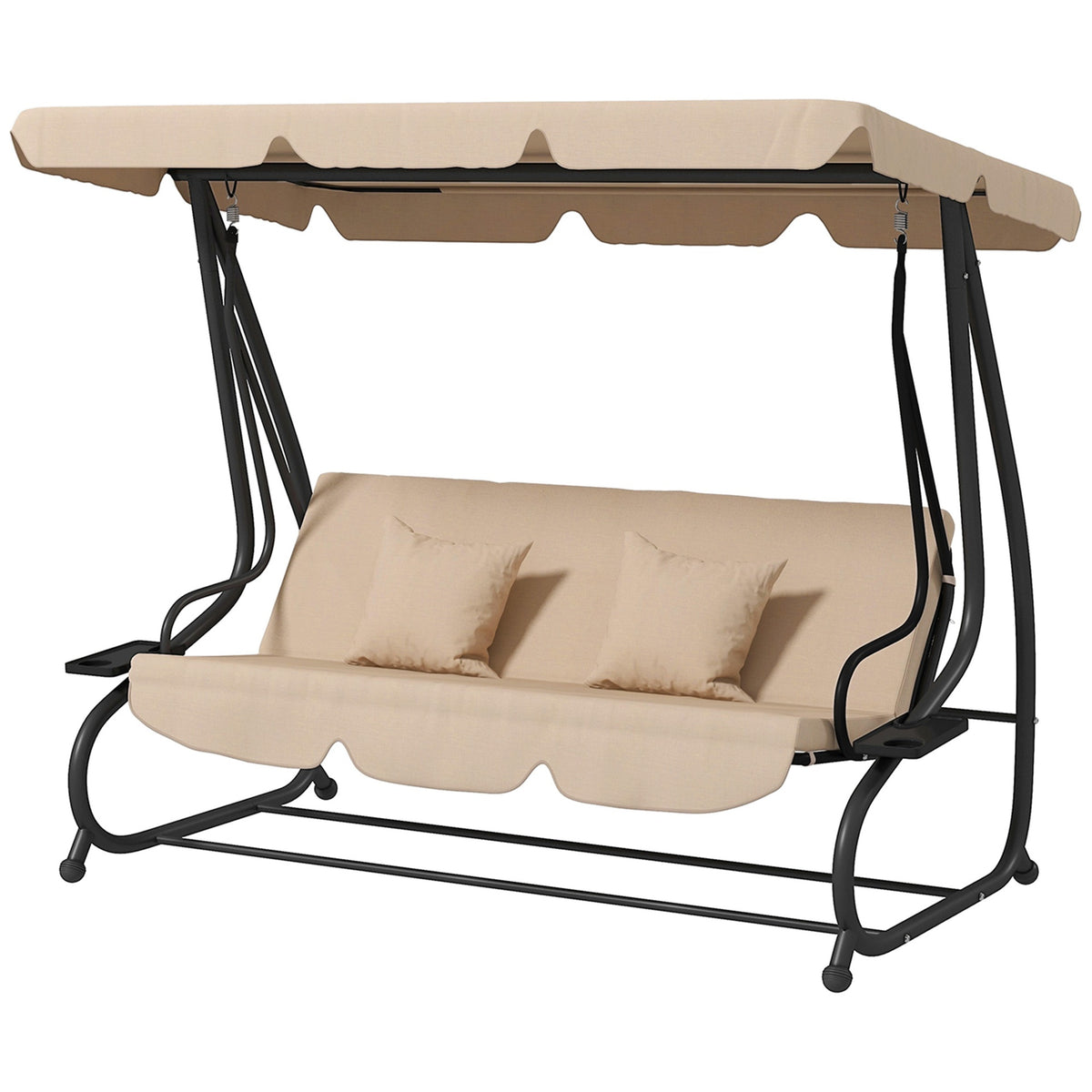 Outsunny Free Standing Swing Bench, Porch Swing with Stand, Adjustable Canopy, Cushion and Pillows, Ecru