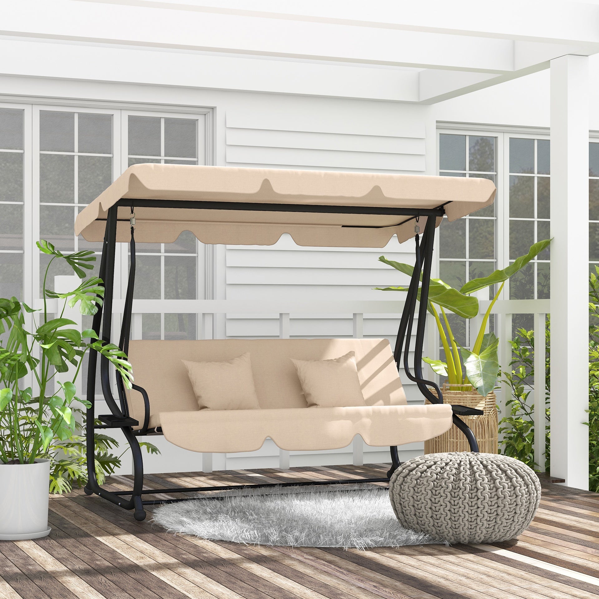 Outsunny Free Standing Swing Bench, Porch Swing with Stand, Adjustable Canopy, Cushion and Pillows, Ecru