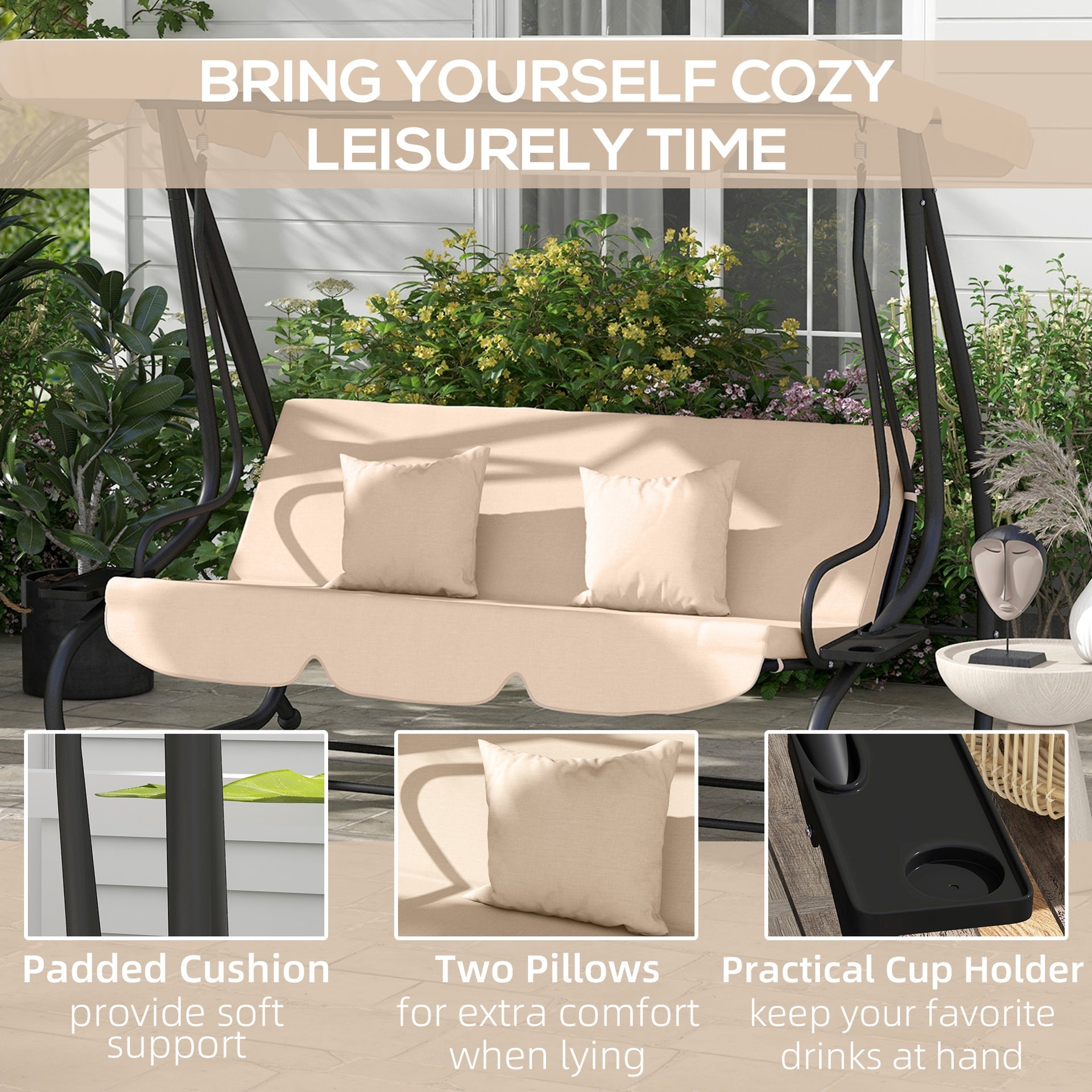 Outsunny Free Standing Swing Bench, Porch Swing with Stand, Adjustable Canopy, Cushion and Pillows, Ecru
