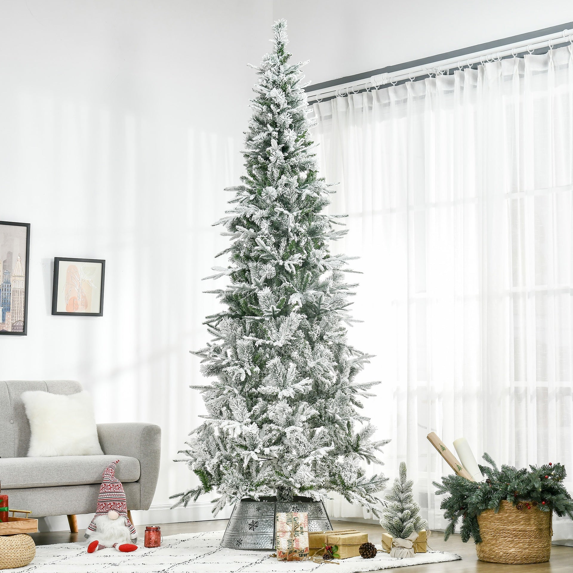 HOMCOM 9' Unlit Snow Flocked Pine Artificial Christmas Tree with Realistic Branches and 1159 Tips, Green