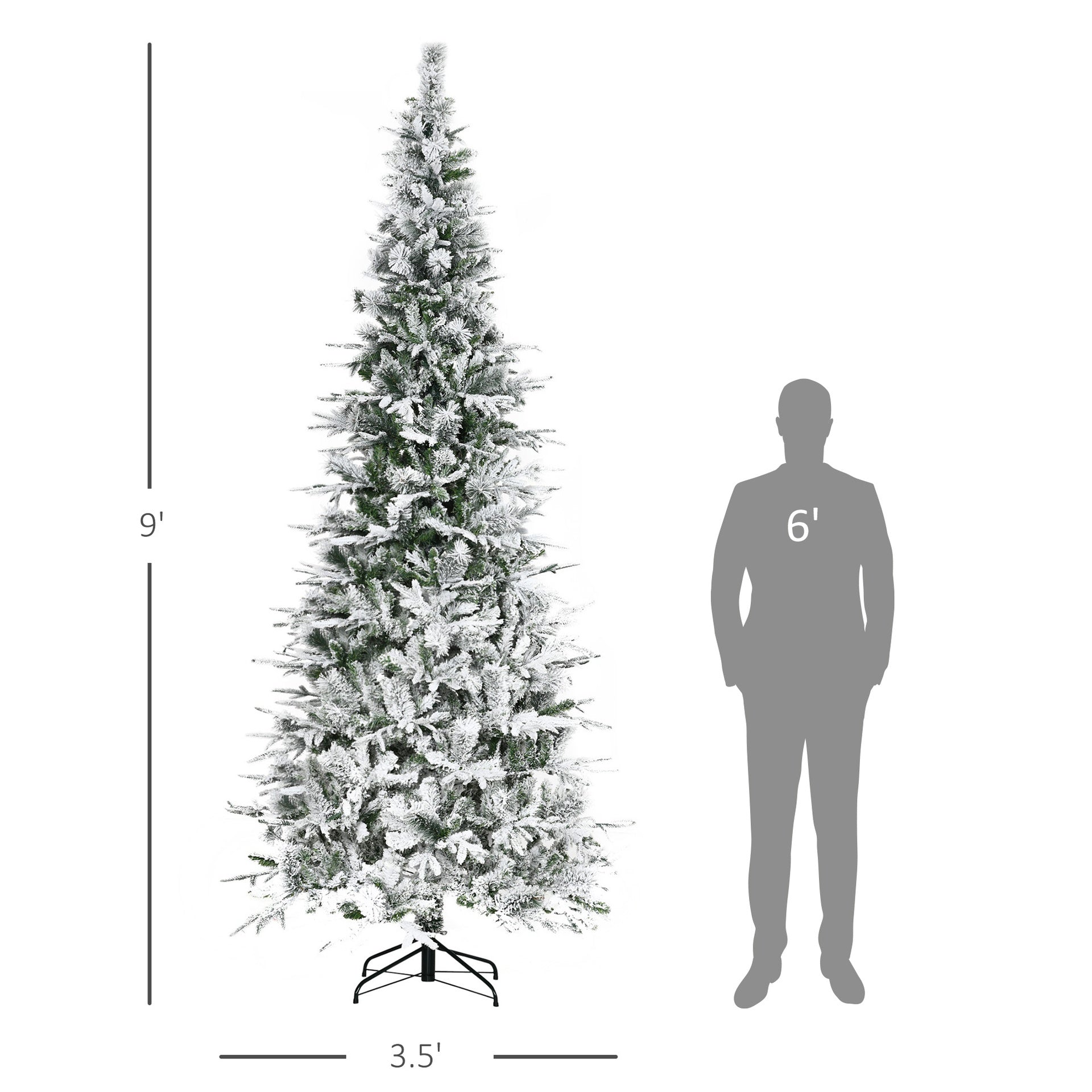 HOMCOM 9' Unlit Snow Flocked Pine Artificial Christmas Tree with Realistic Branches and 1159 Tips, Green