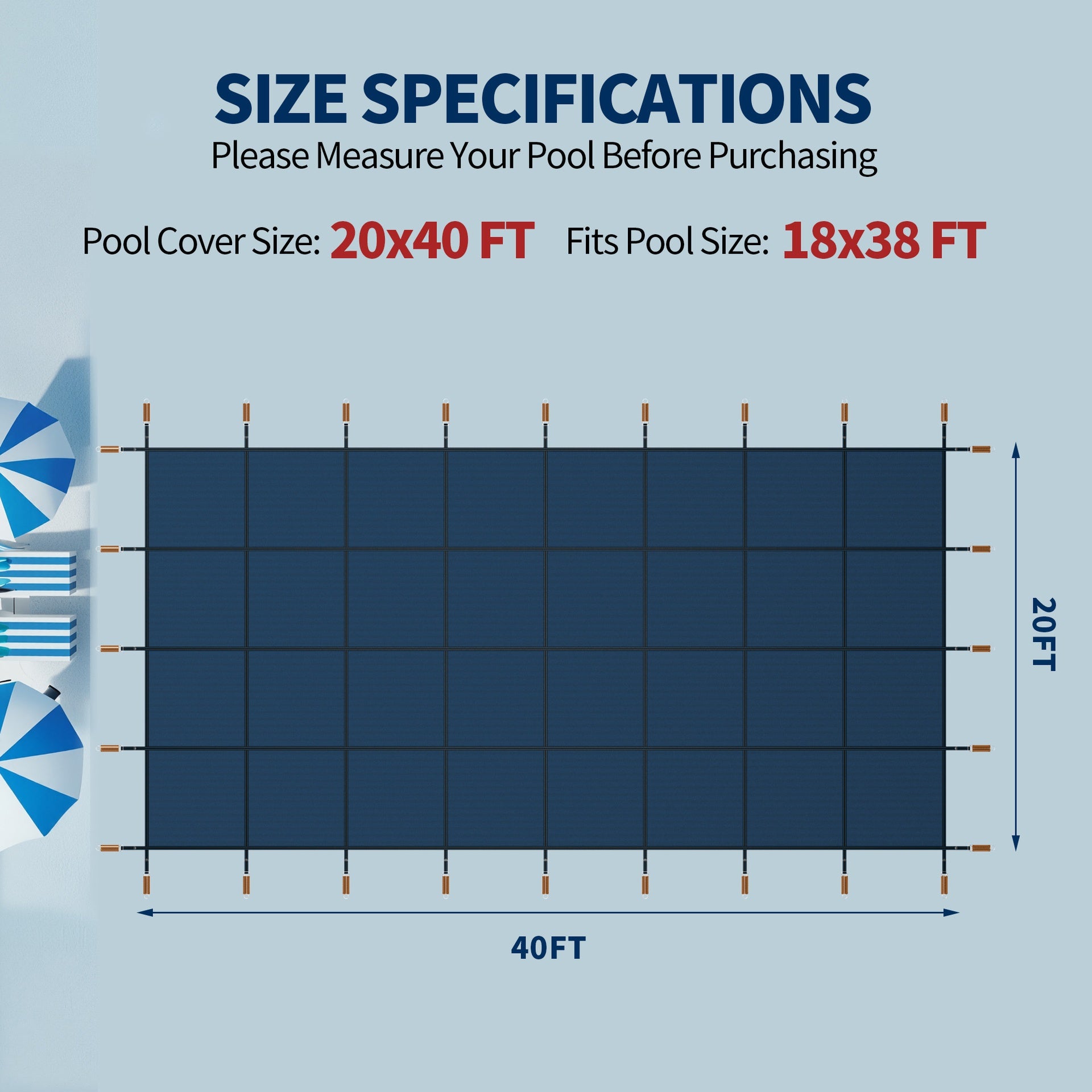 Swimming Pool Safety Cover, Fits 20x40ft Rectangular underground and Inground Swimming Pools, Triple Stitched High Strength Mesh PP Abrasion Resistant  Installation Hardware Included,Blue Mesh