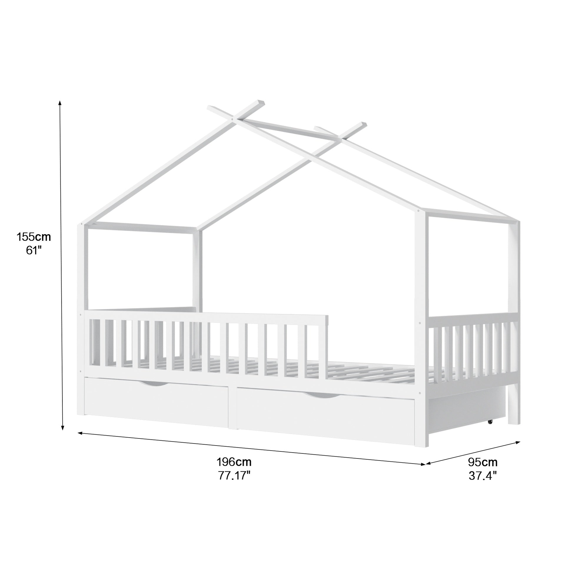 Full House Bed with 2 Storage Drawers, Kids Full Bed Frame with Rails and Roof, Tent Bed, Wooden Full Daybed, Full Montessori Bed for Kids Teens Girls & Boys, No Box Spring Needed (White)