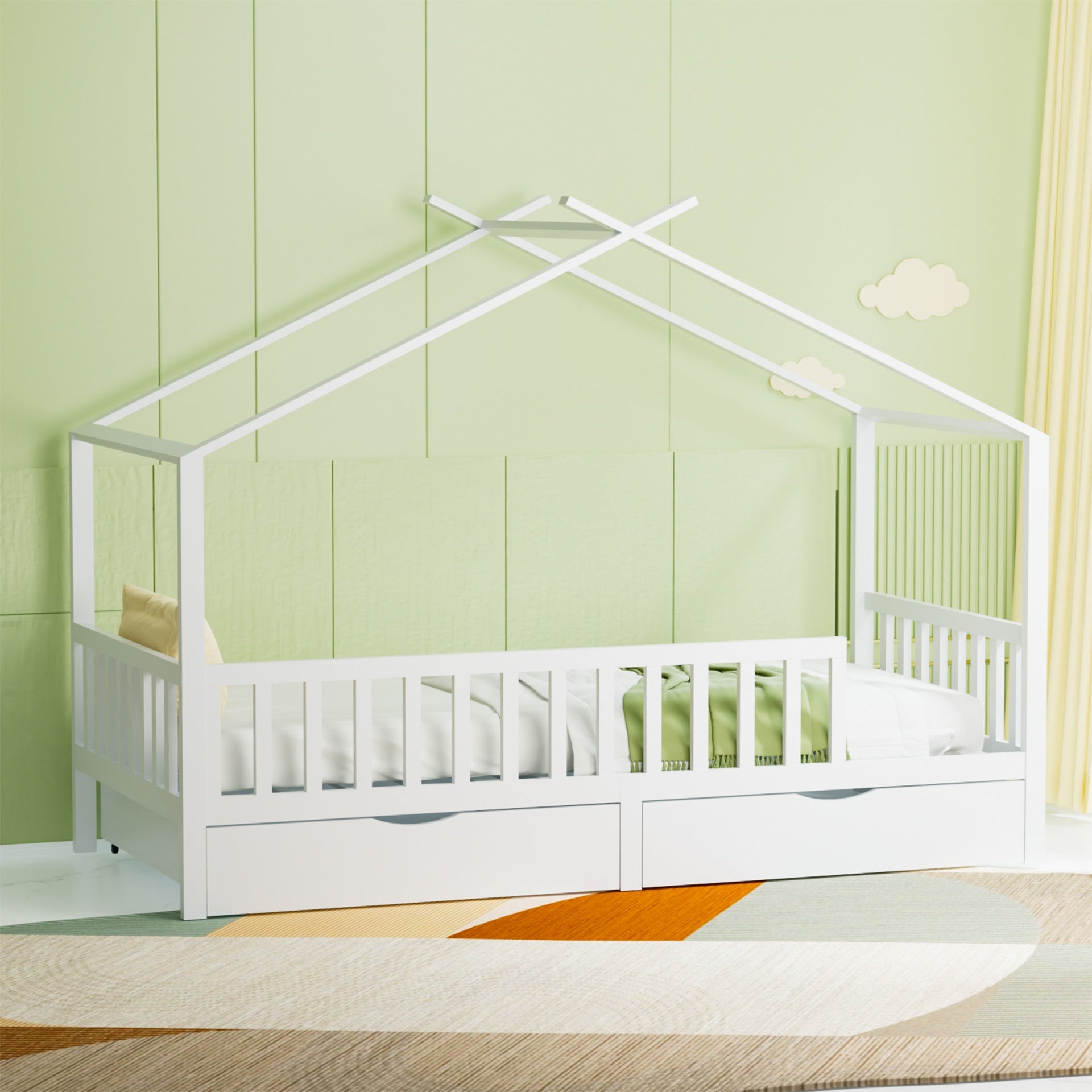 Full House Bed with 2 Storage Drawers, Kids Full Bed Frame with Rails and Roof, Tent Bed, Wooden Full Daybed, Full Montessori Bed for Kids Teens Girls & Boys, No Box Spring Needed (White)