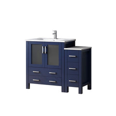 Navy Blue Single Bath Vanity 42 in. W x 18.25 in. D, with Side Cabinet, White Ceramic Top, and Faucet Set