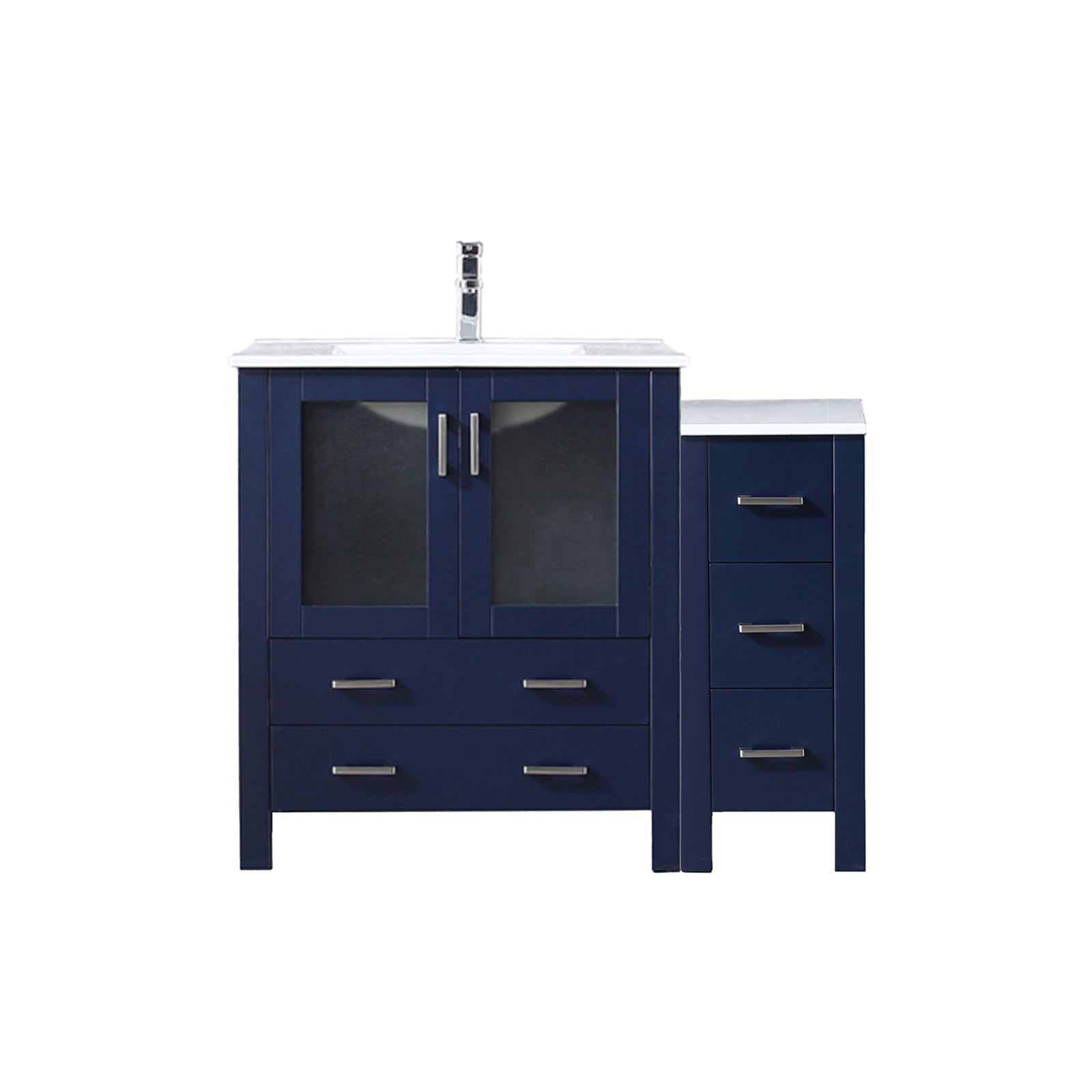 Navy Blue Single Bath Vanity 42 in. W x 18.25 in. D, with Side Cabinet, White Ceramic Top, and Faucet Set