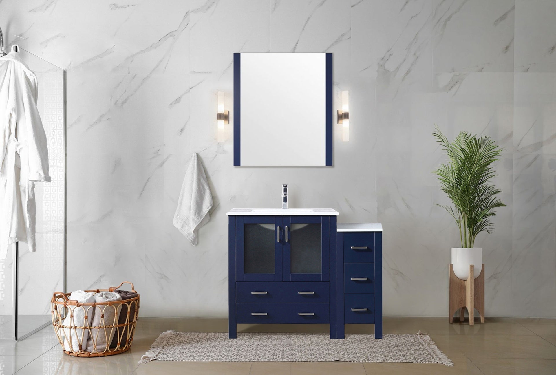Navy Blue Single Bath Vanity 42 in. W x 18.25 in. D, with Side Cabinet, White Ceramic Top, and Faucet Set