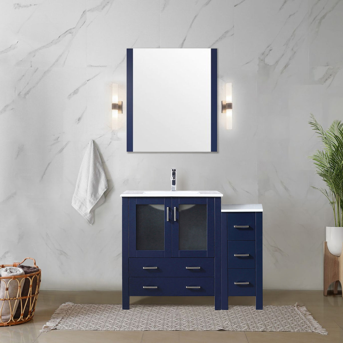 Navy Blue Single Bath Vanity 42 in. W x 18.25 in. D, with Side Cabinet, White Ceramic Top, and Faucet Set