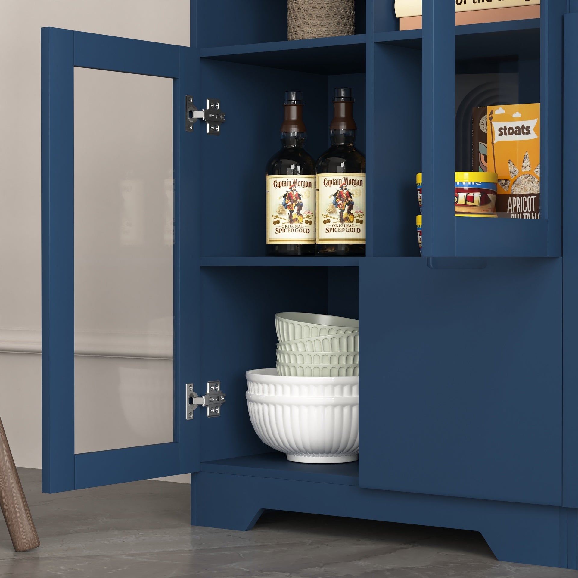 MDF painted Cabinet with Glass Doors and drawer, open storage space, Navy Blue ,Bedroom, Living room