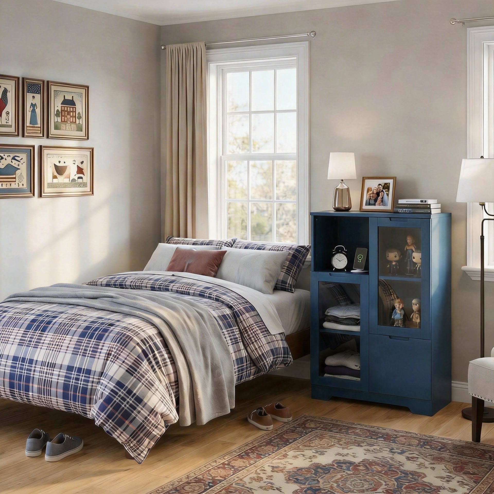 MDF painted Cabinet with Glass Doors and drawer, open storage space, Navy Blue ,Bedroom, Living room