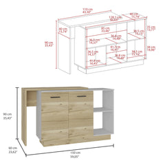 Sicilia Kitchen Island, Two  External Shelves, Double Door Cabinets, Three Shelves -White / Light Oak