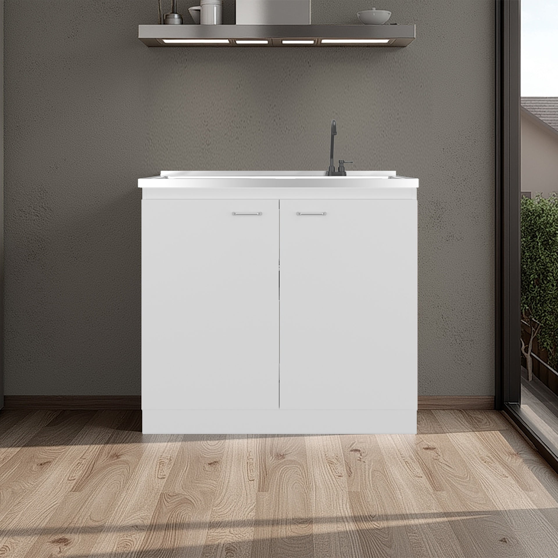 Napoles Utility Sink with Faucet Inclued and Integrated Stainless Steel Counter top, Freestanding cabinet with two doors, Metal Handles and Two interior shelves, White