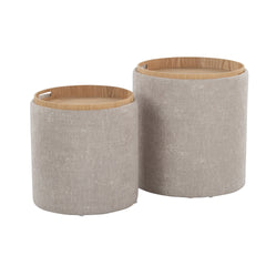 Tray Contemporary Nesting Ottoman Set in Light Brown Fabric and Natural Wood by LumiSource