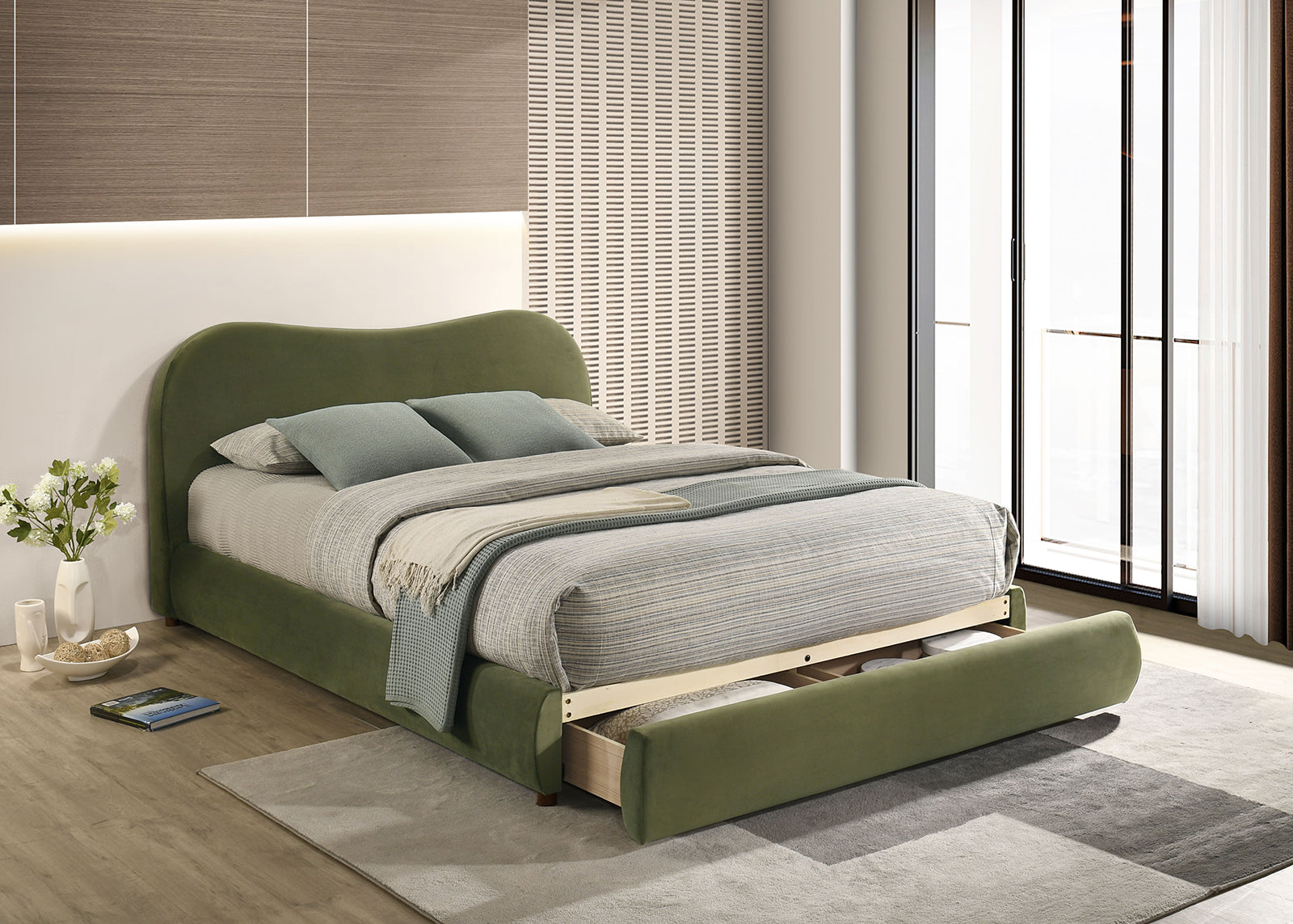 Olive Green Velvet Upholstered 1pc Eastern King Size Bed Curved Design Headboard Storage FB Bedroom Furniture Bedframe