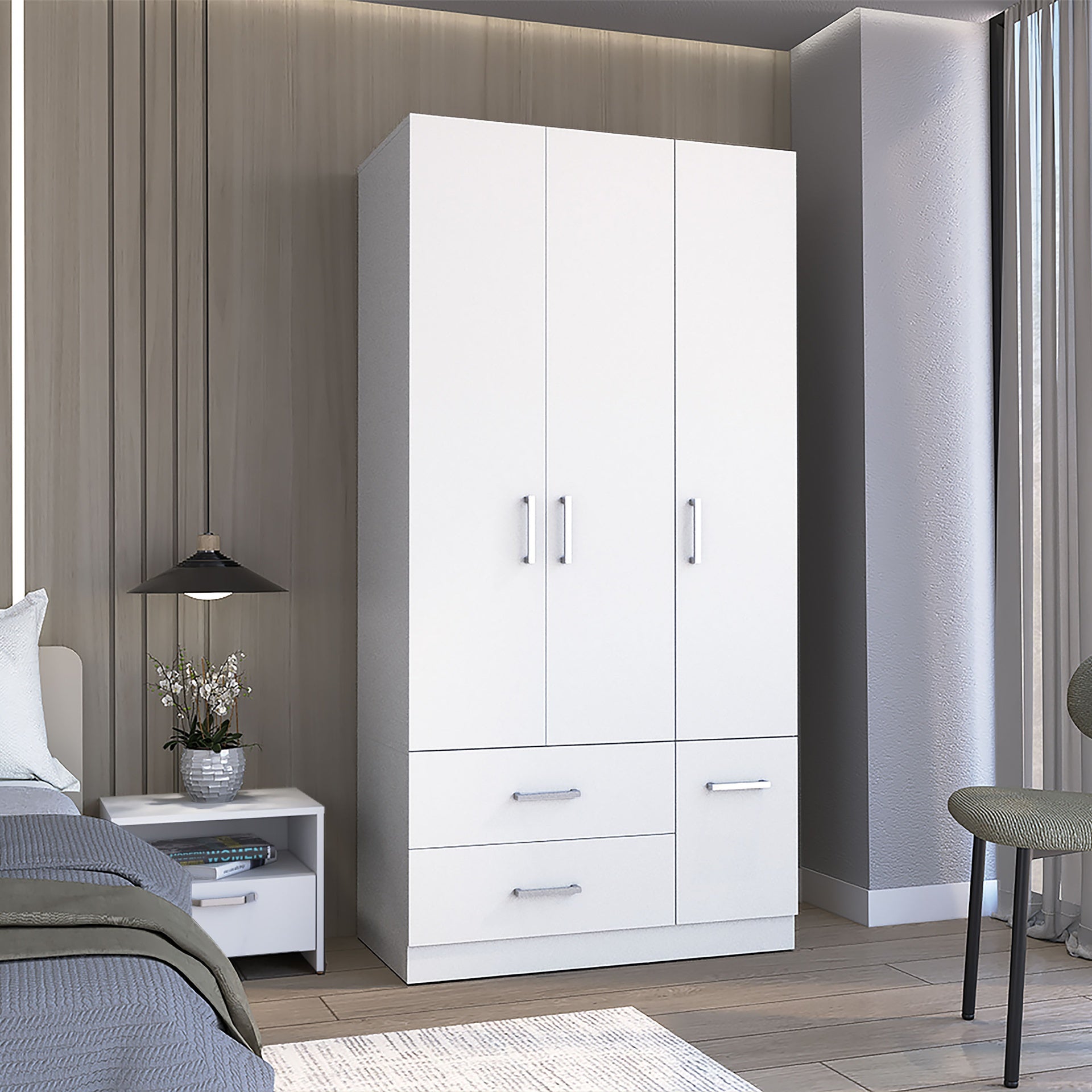Sebree 71" High Armoire Wardrove Closet with 2 Drawers, Four Doors , Three Cabinet , Six Shelves and Hanging Rod, Bedroom Clothes Storage Cabinet Organizer White