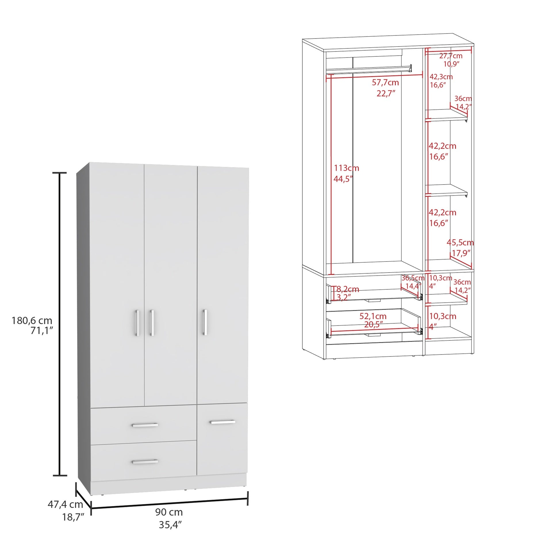 Sebree 71" High Armoire Wardrove Closet with 2 Drawers, Four Doors , Three Cabinet , Six Shelves and Hanging Rod, Bedroom Clothes Storage Cabinet Organizer White