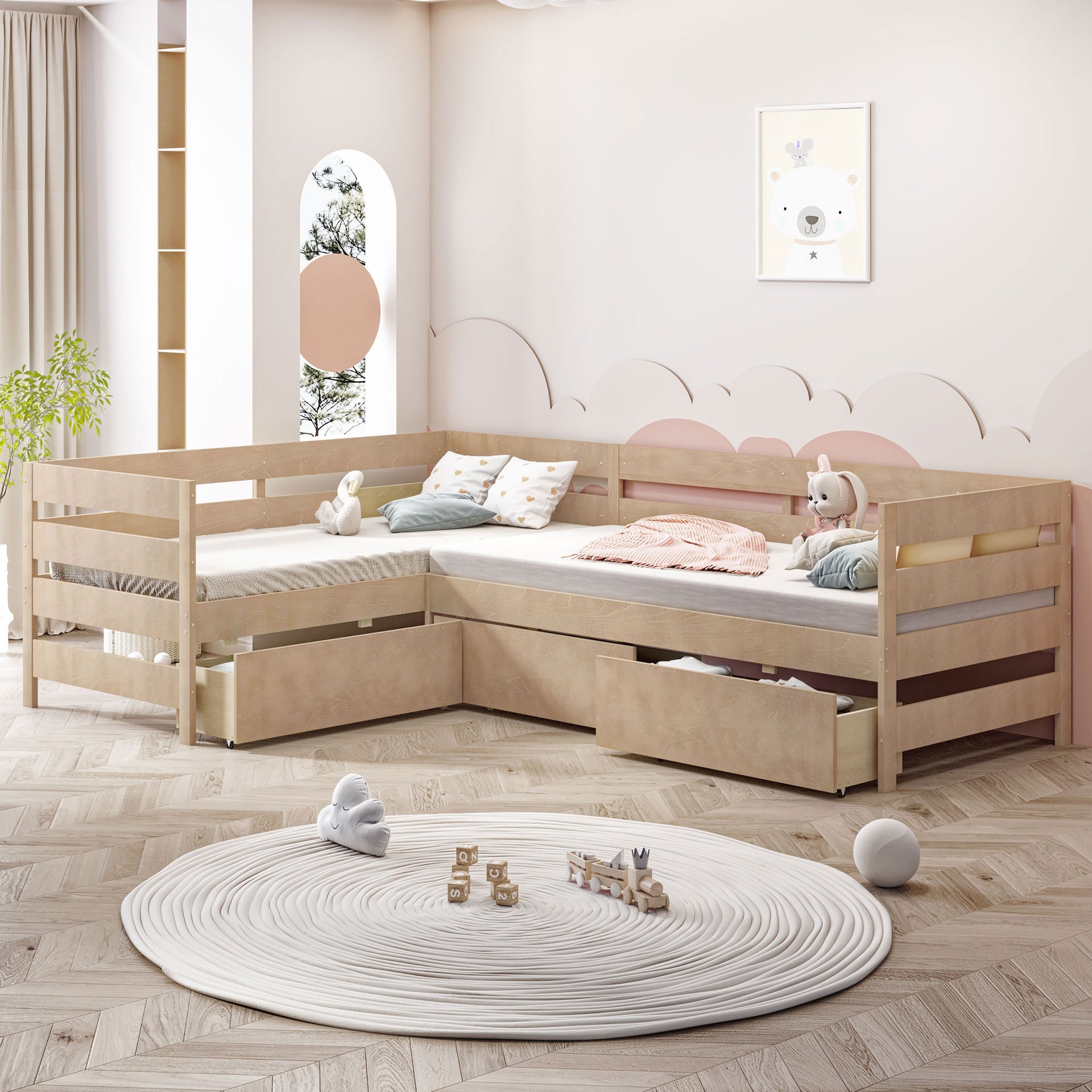 Twin Size L-shaped Platform Bed with Three Storage Drawers, Natural