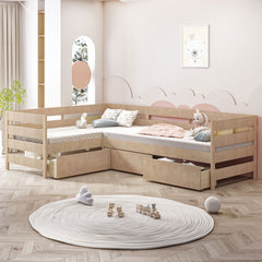 Twin Size L-shaped Platform Bed with Three Storage Drawers, Natural
