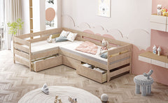 Twin Size L-shaped Platform Bed with Three Storage Drawers, Natural