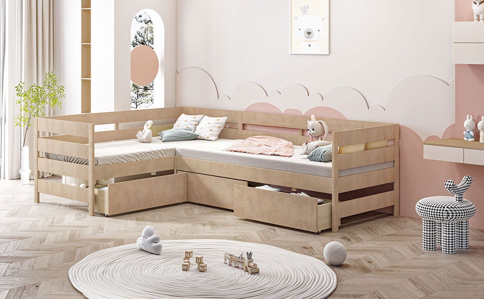Twin Size L-shaped Platform Bed with Three Storage Drawers, Natural
