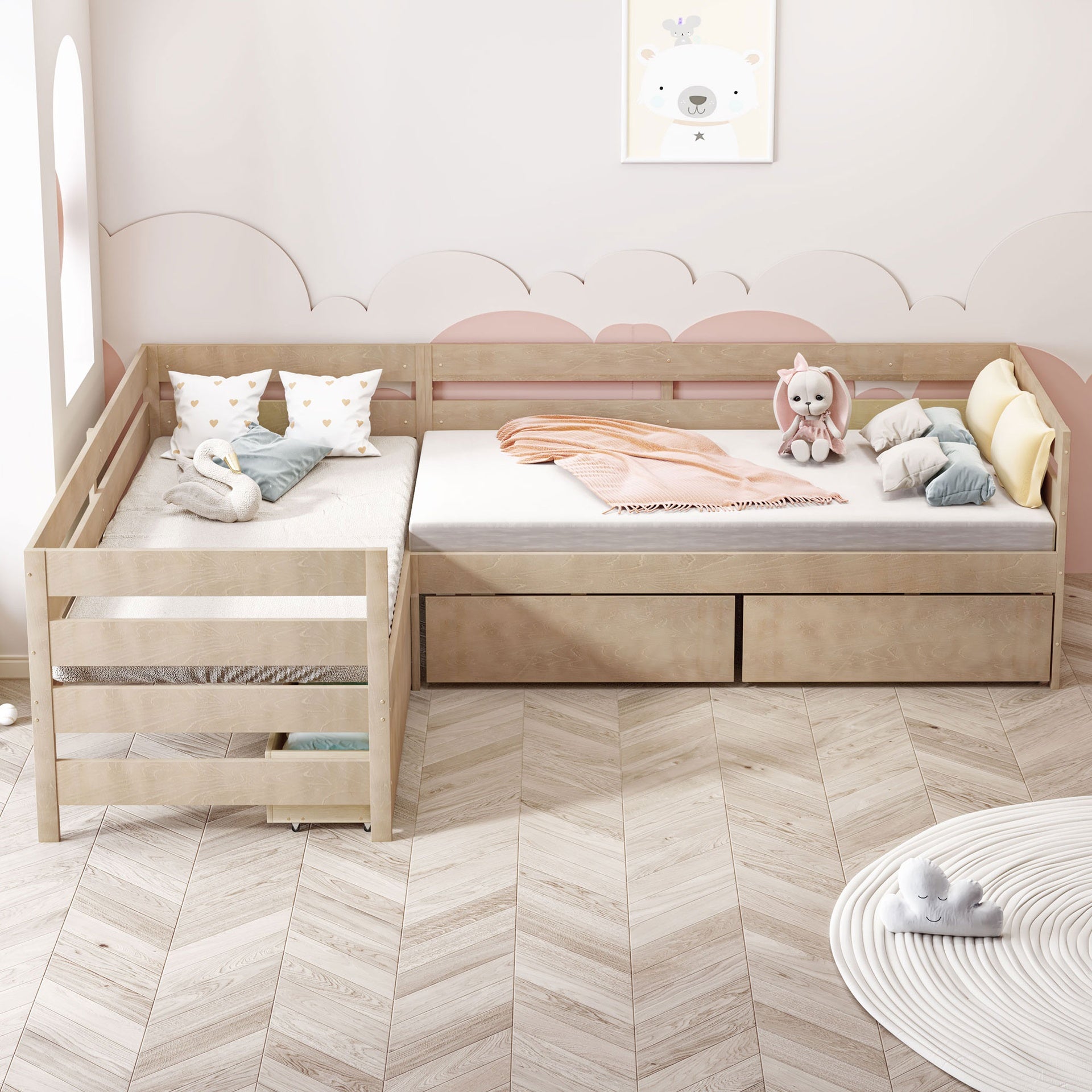 Twin Size L-shaped Platform Bed with Three Storage Drawers, Natural