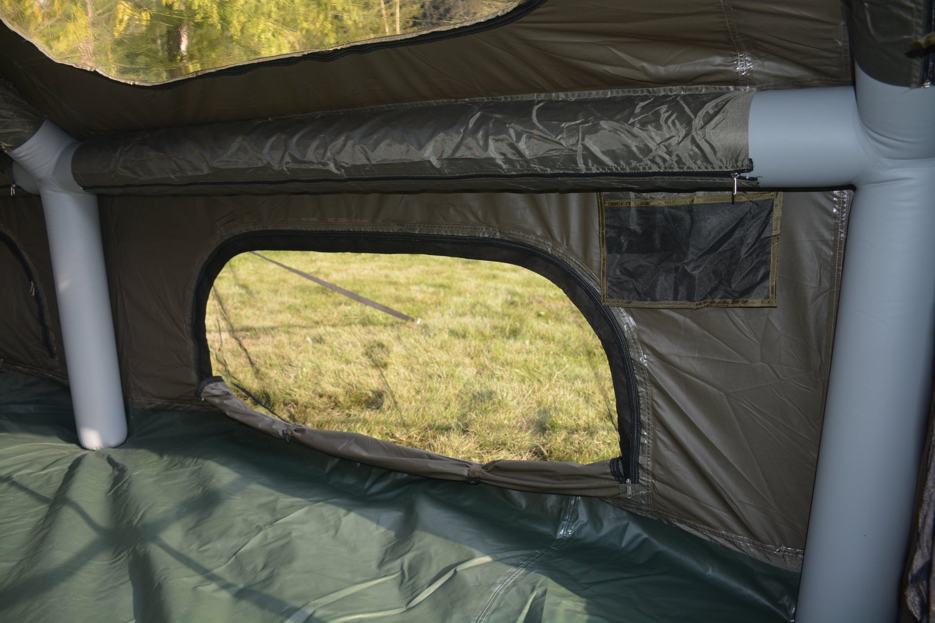 9.8 x13ft  Inflatable Camping Tents with Hand Pump, Air Glamping Tents, Easy Setup Waterproof and Windproof Blow up Tent, 4 Seasons Oxford Cabin Tent with Mesh & Chimney Window. Army green