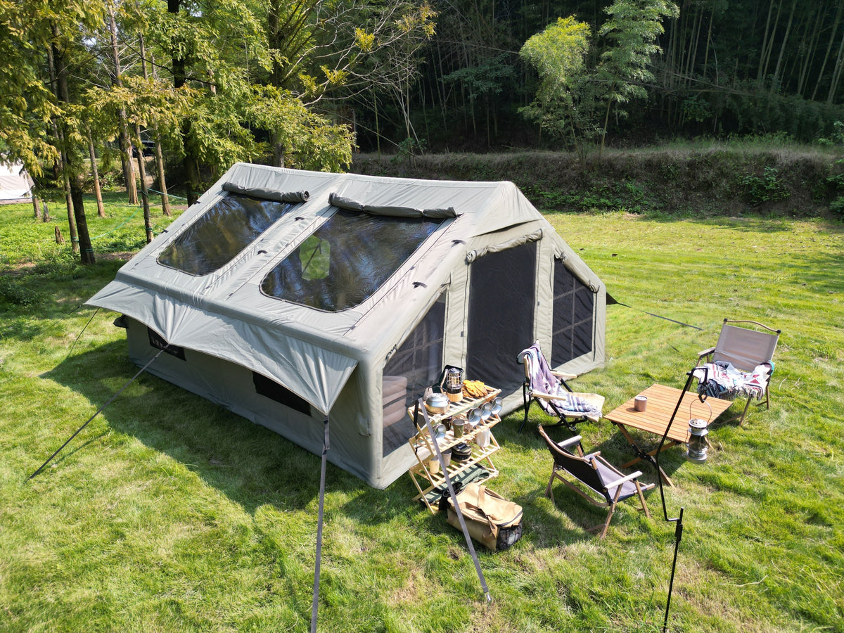 9.8 x13ft  Inflatable Camping Tents with Hand Pump, Air Glamping Tents, Easy Setup Waterproof and Windproof Blow up Tent, 4 Seasons Oxford Cabin Tent with Mesh & Chimney Window. Army green