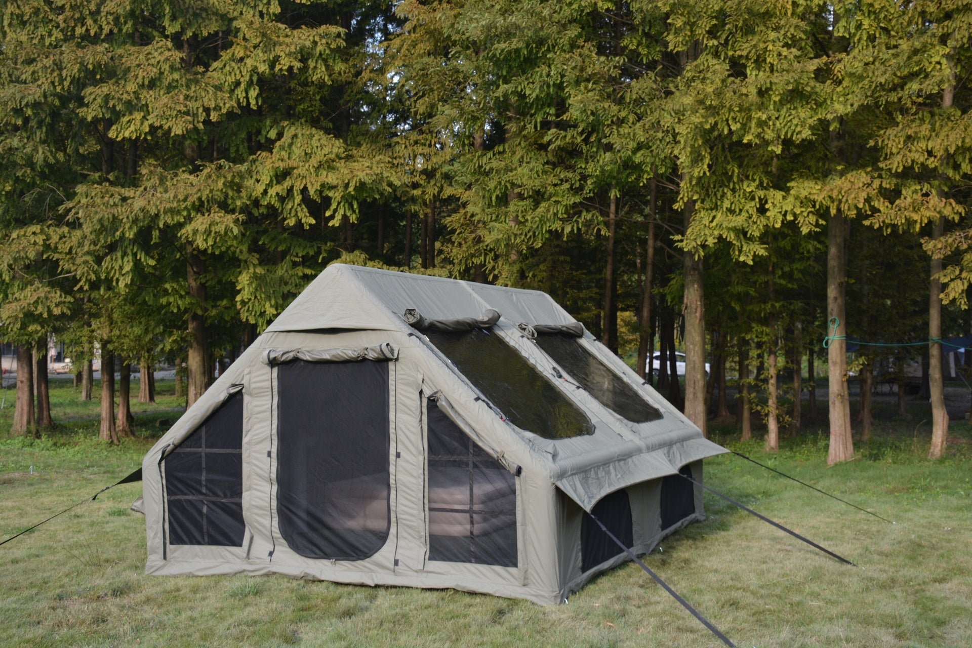 9.8 x13ft  Inflatable Camping Tents with Hand Pump, Air Glamping Tents, Easy Setup Waterproof and Windproof Blow up Tent, 4 Seasons Oxford Cabin Tent with Mesh & Chimney Window. Army green