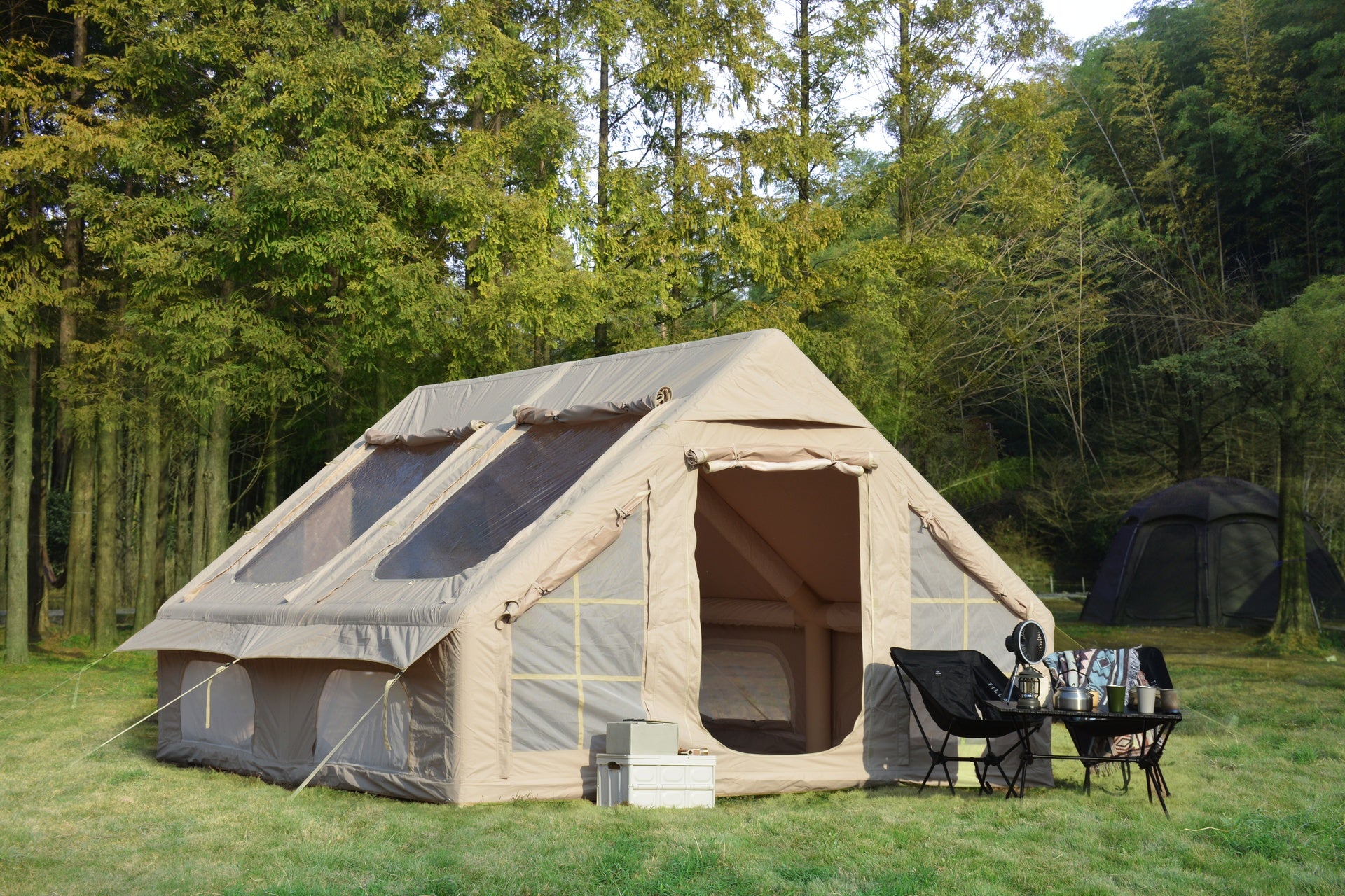 9.8 x13ft  Inflatable Camping Tents with Hand Pump, Air Glamping Tents, Easy Setup Waterproof and Windproof Blow up Tent, 4 Seasons Oxford Cabin Tent with Mesh & Chimney Window. Beige