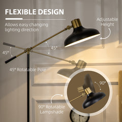 HOMCOM Adjustable Floor Lamps for Living Room, Standing Lamp for Bedroom with Balance Arm, Tall Black and Gold Lamp
