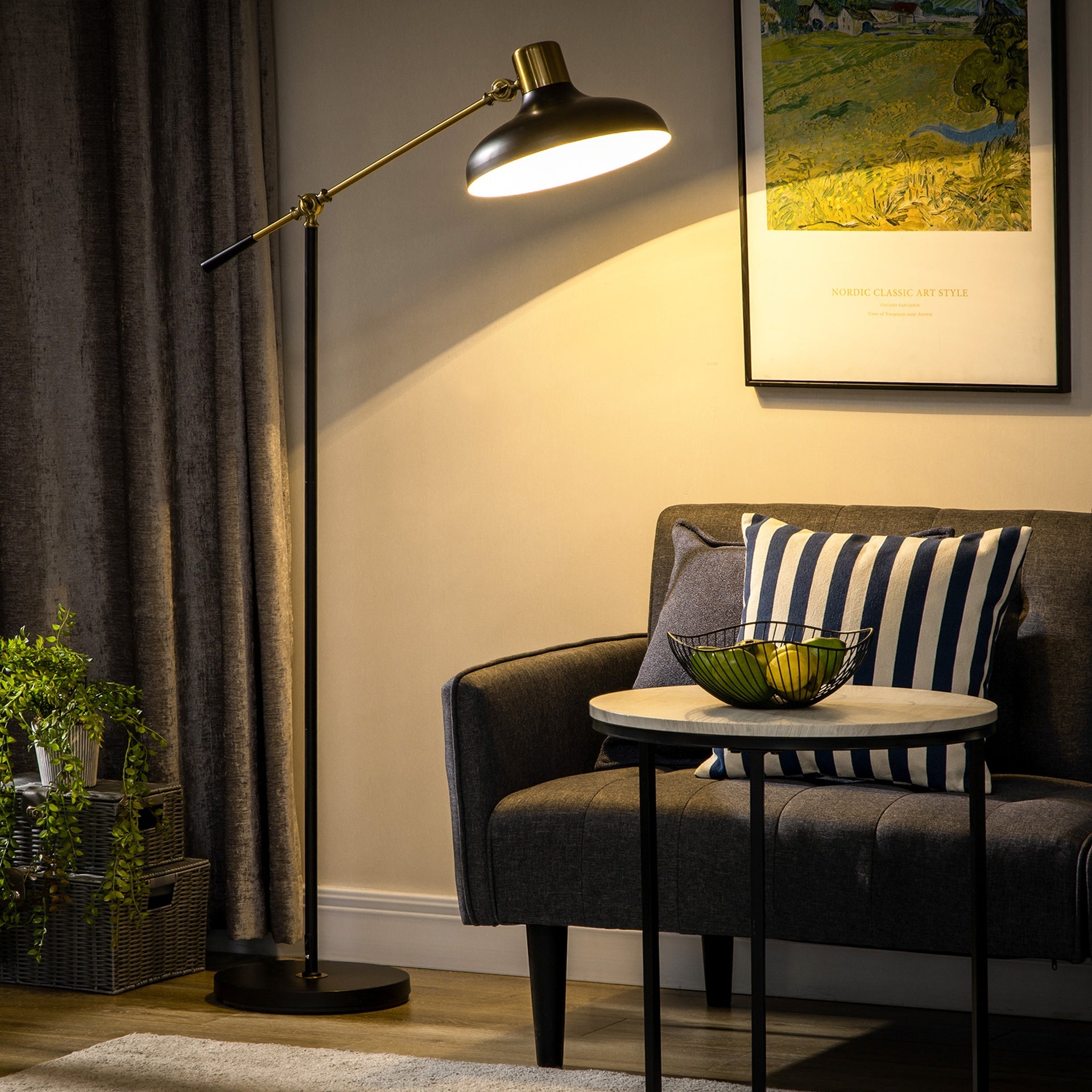 HOMCOM Adjustable Floor Lamps for Living Room, Standing Lamp for Bedroom with Balance Arm, Tall Black and Gold Lamp