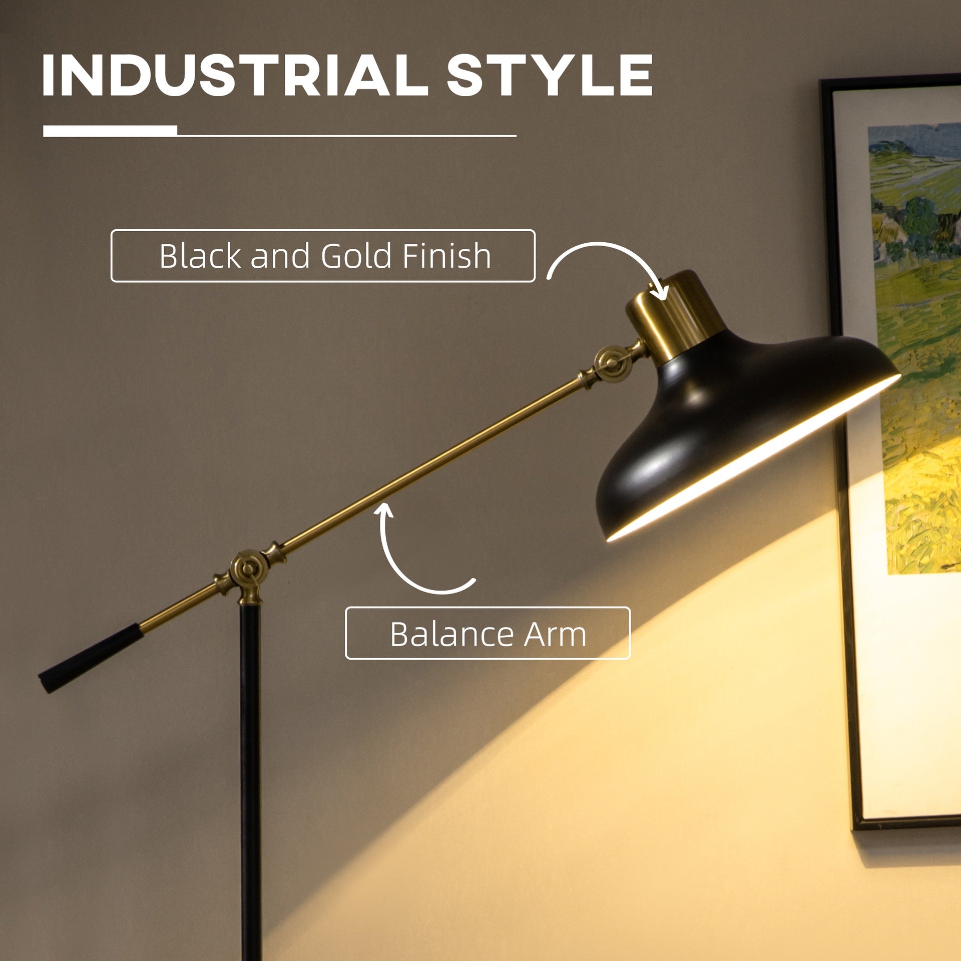 HOMCOM Adjustable Floor Lamps for Living Room, Standing Lamp for Bedroom with Balance Arm, Tall Black and Gold Lamp