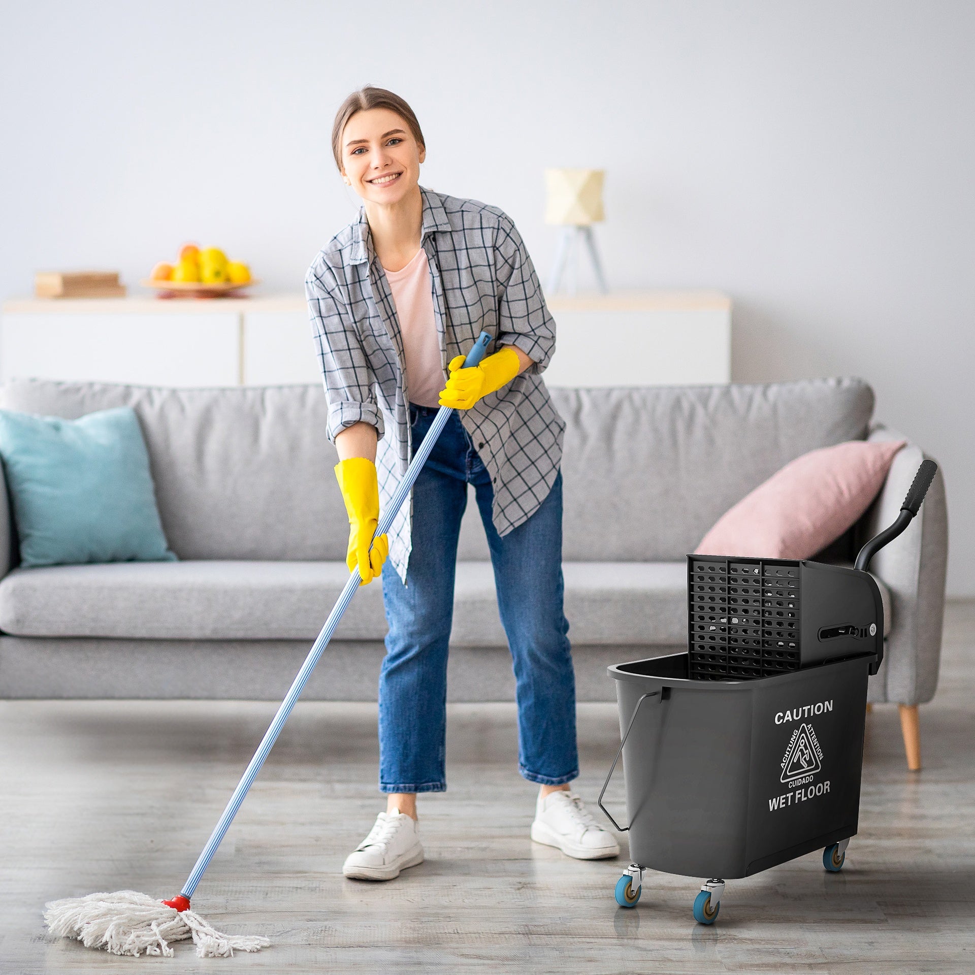 HOMCOM Compact Mop Bucket with Wringer, Mop Bucket on Wheels, 21 Quart, Separate Dirty and Clean Water, Black