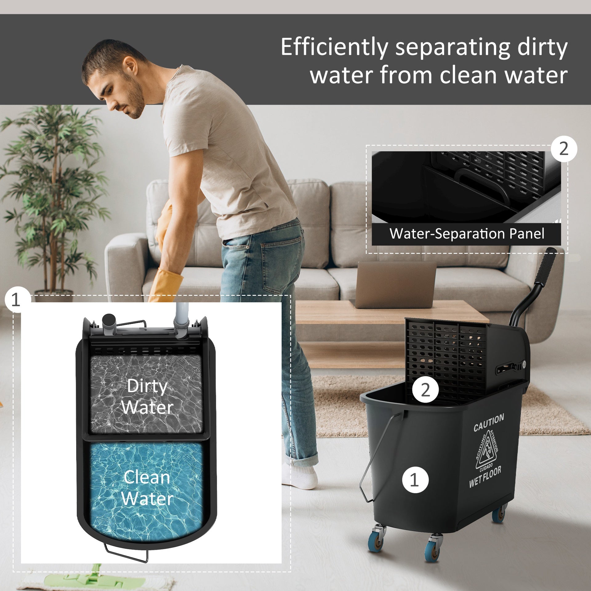 HOMCOM Compact Mop Bucket with Wringer, Mop Bucket on Wheels, 21 Quart, Separate Dirty and Clean Water, Black