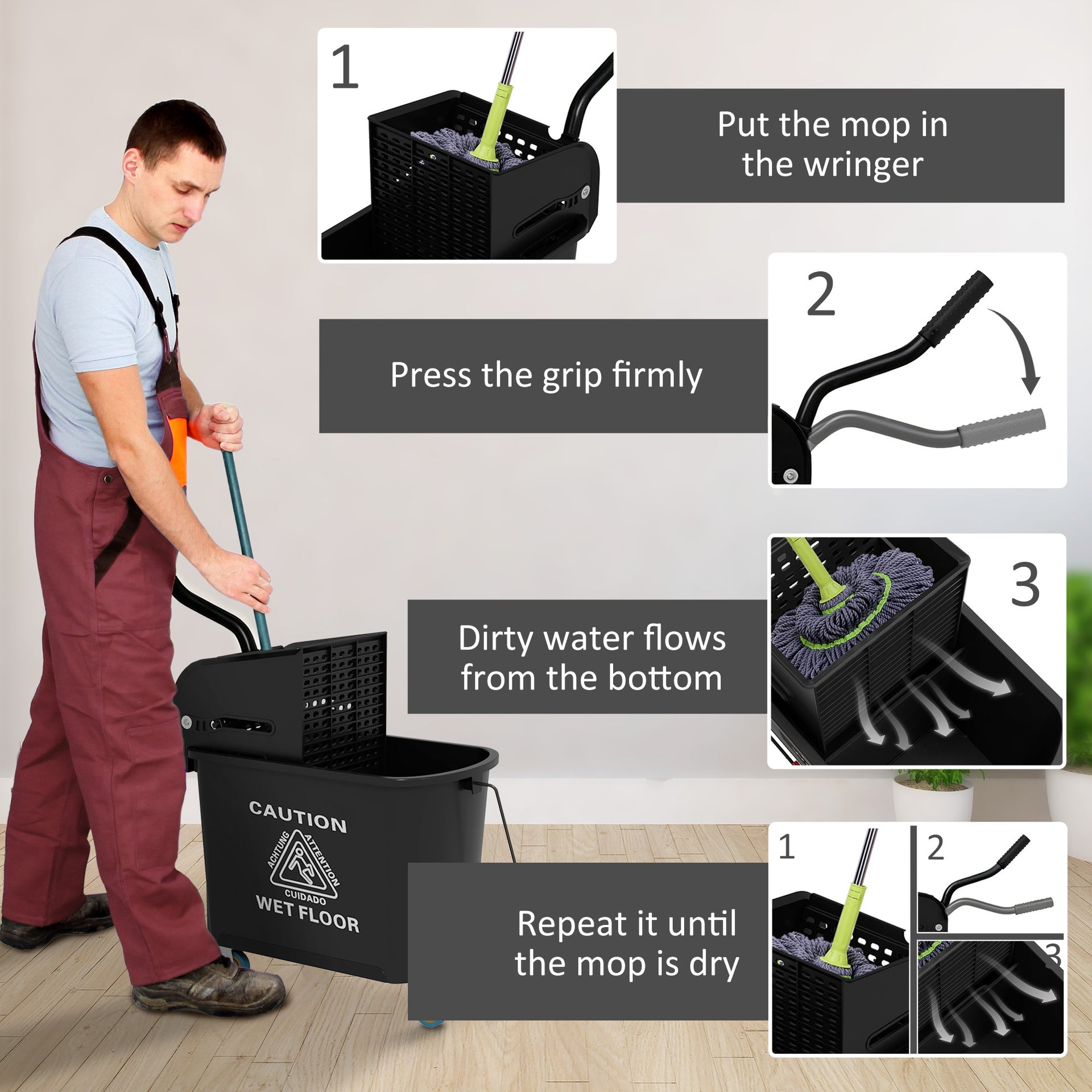 HOMCOM Compact Mop Bucket with Wringer, Mop Bucket on Wheels, 21 Quart, Separate Dirty and Clean Water, Black