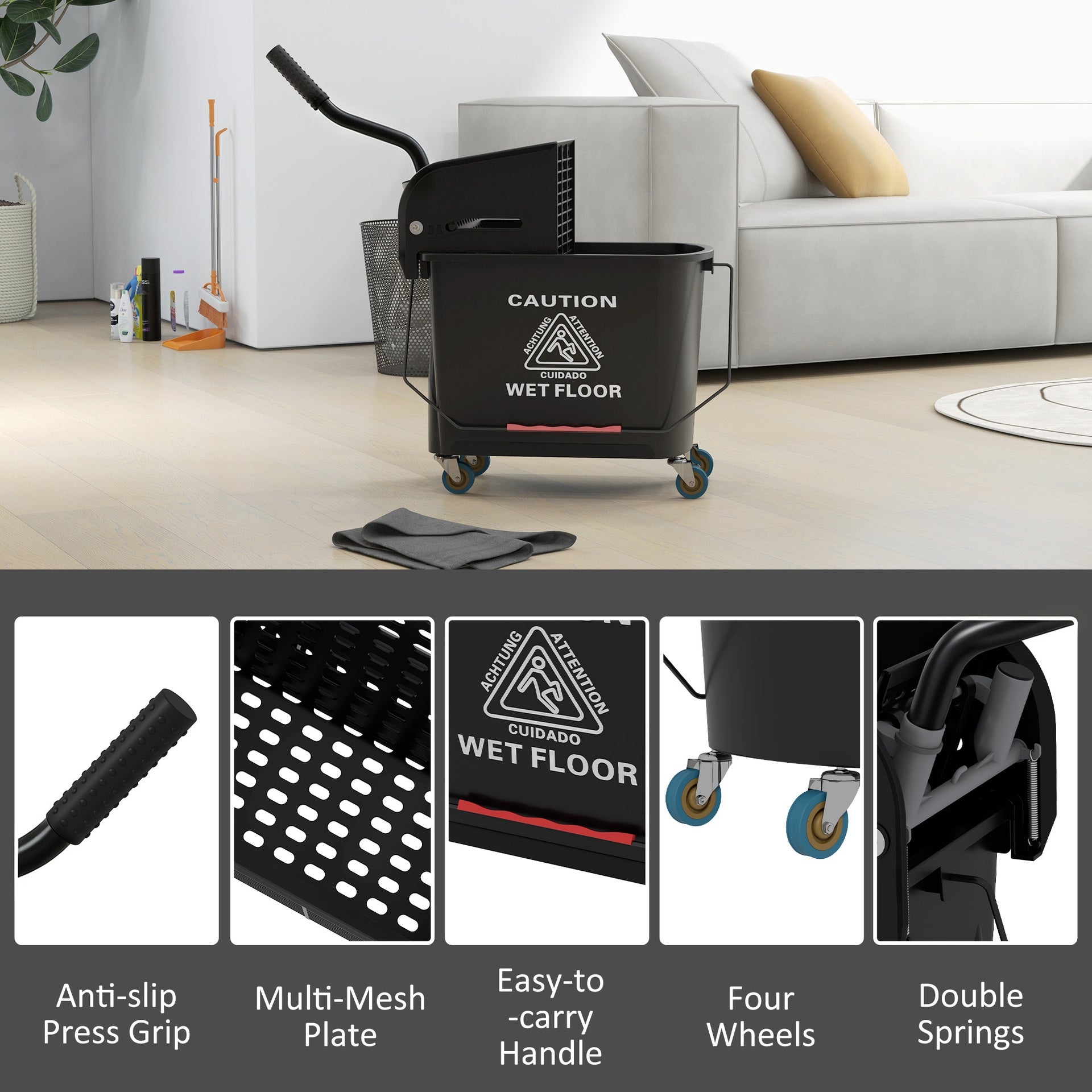 HOMCOM Compact Mop Bucket with Wringer, Mop Bucket on Wheels, 21 Quart, Separate Dirty and Clean Water, Black