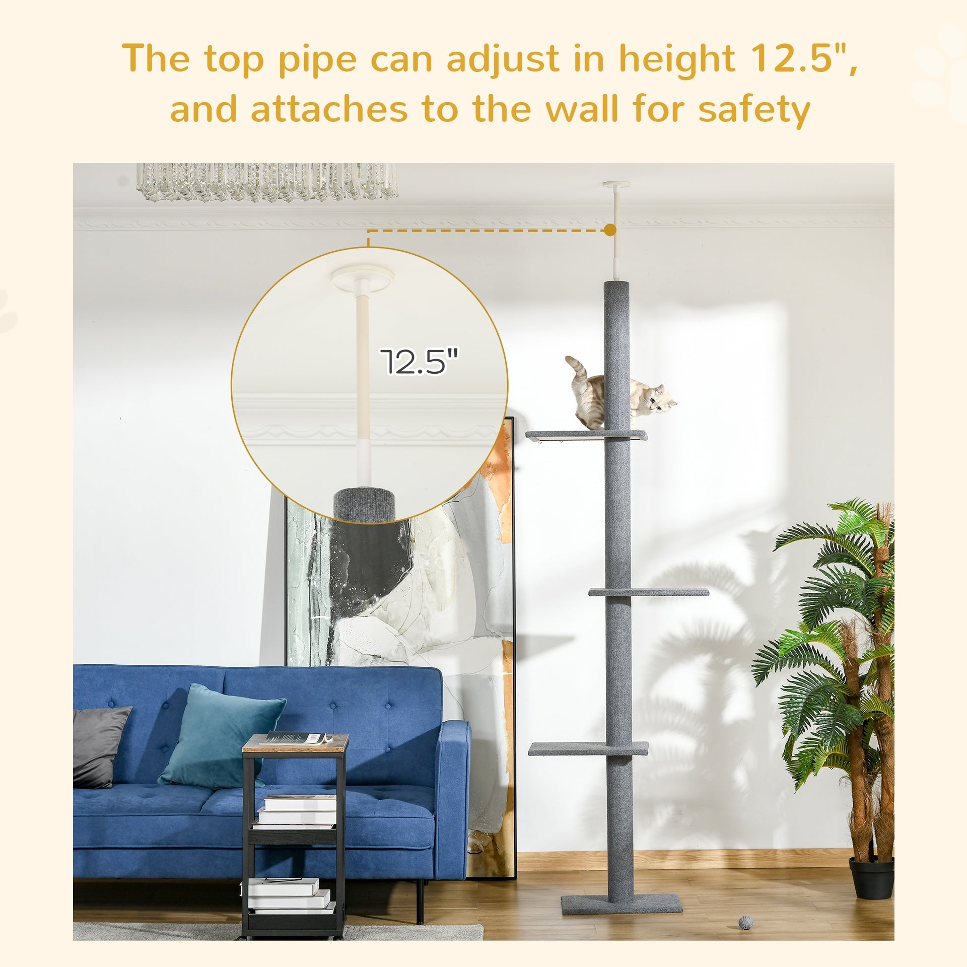 PawHut Floor-to-Ceiling Cat Tree Cat Climbing Tower with Sisal-Covered Scratching Posts Natural Cat Activity Center for kittens Cat tower furniture, Gray