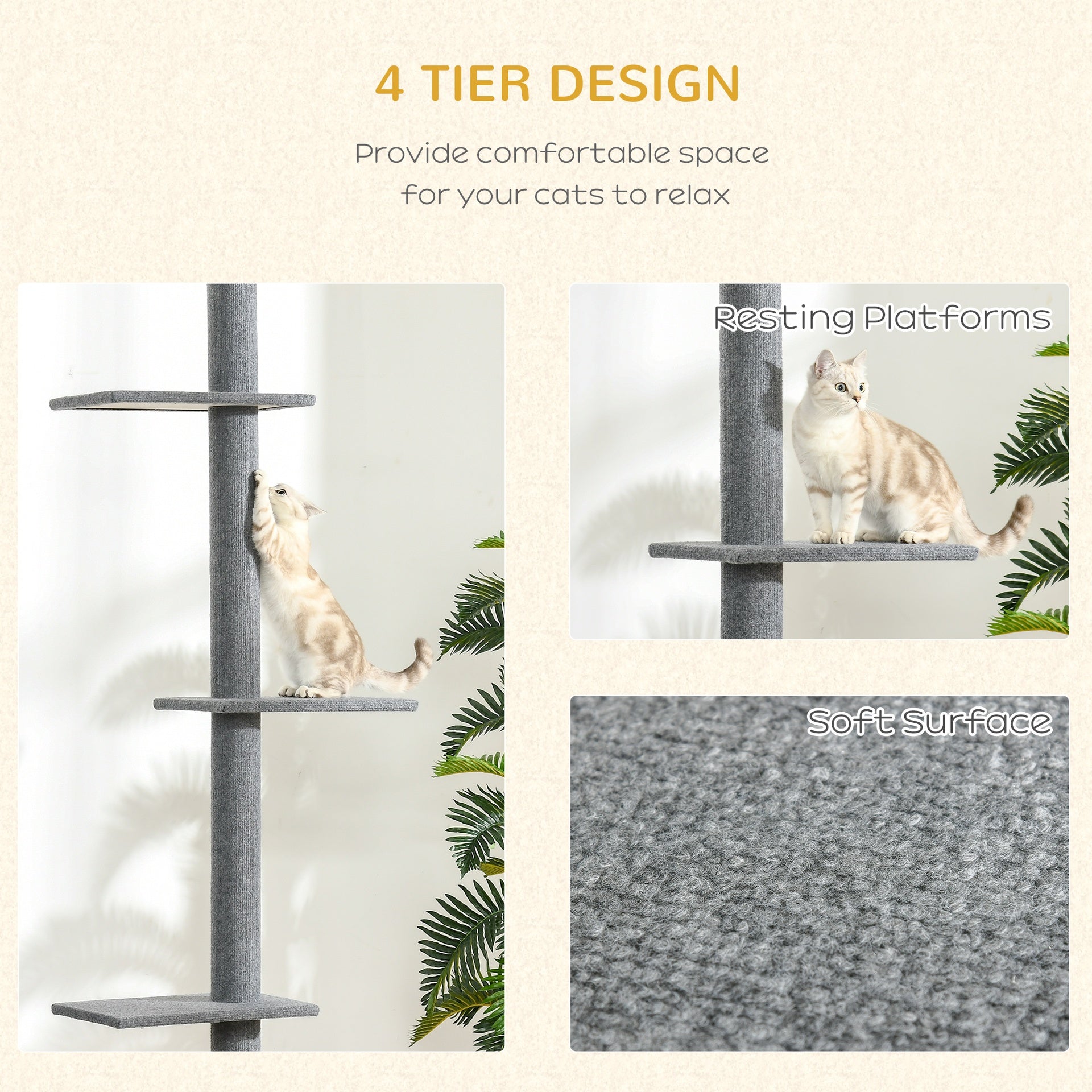 PawHut Floor-to-Ceiling Cat Tree Cat Climbing Tower with Sisal-Covered Scratching Posts Natural Cat Activity Center for kittens Cat tower furniture, Gray