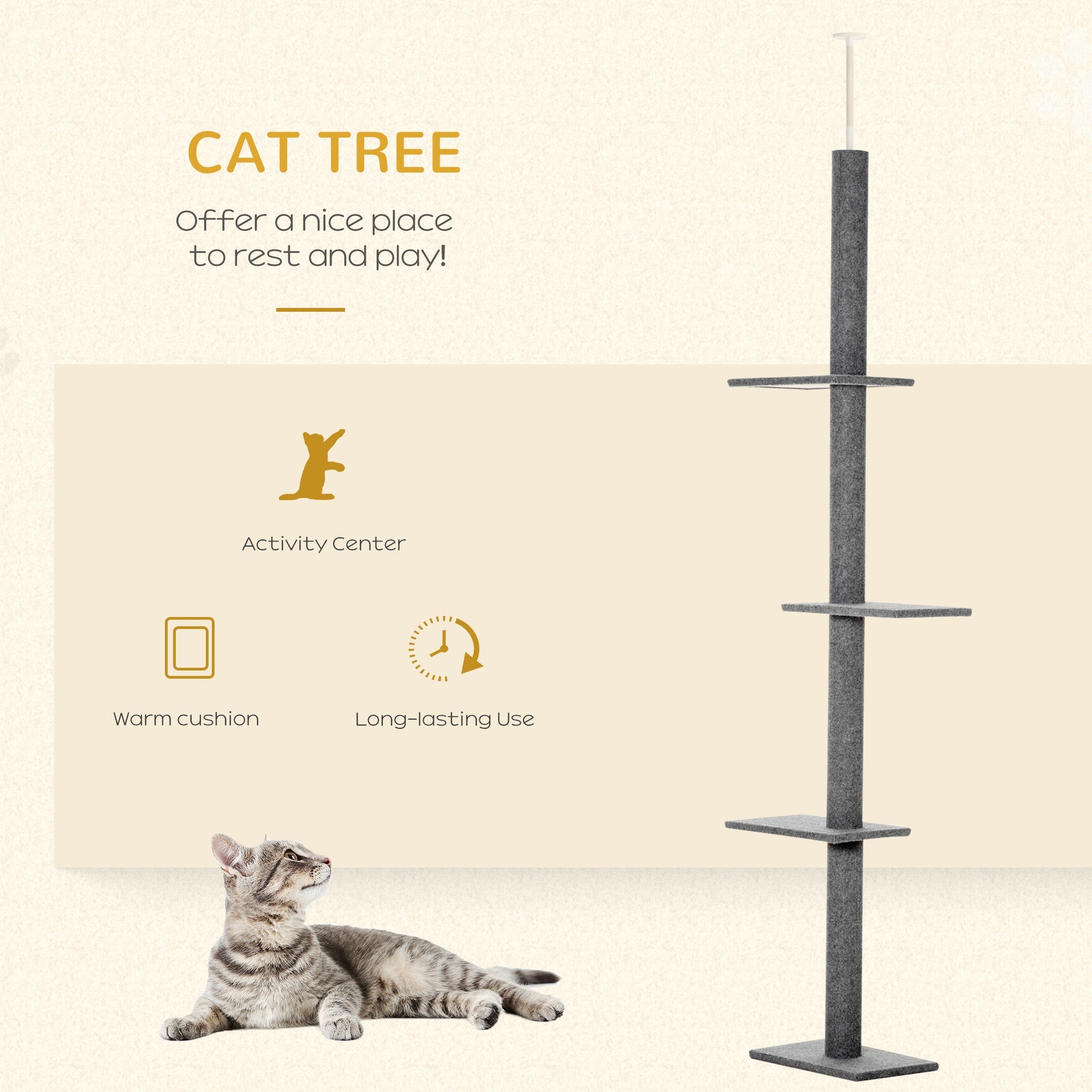 PawHut Floor-to-Ceiling Cat Tree Cat Climbing Tower with Sisal-Covered Scratching Posts Natural Cat Activity Center for kittens Cat tower furniture, Gray