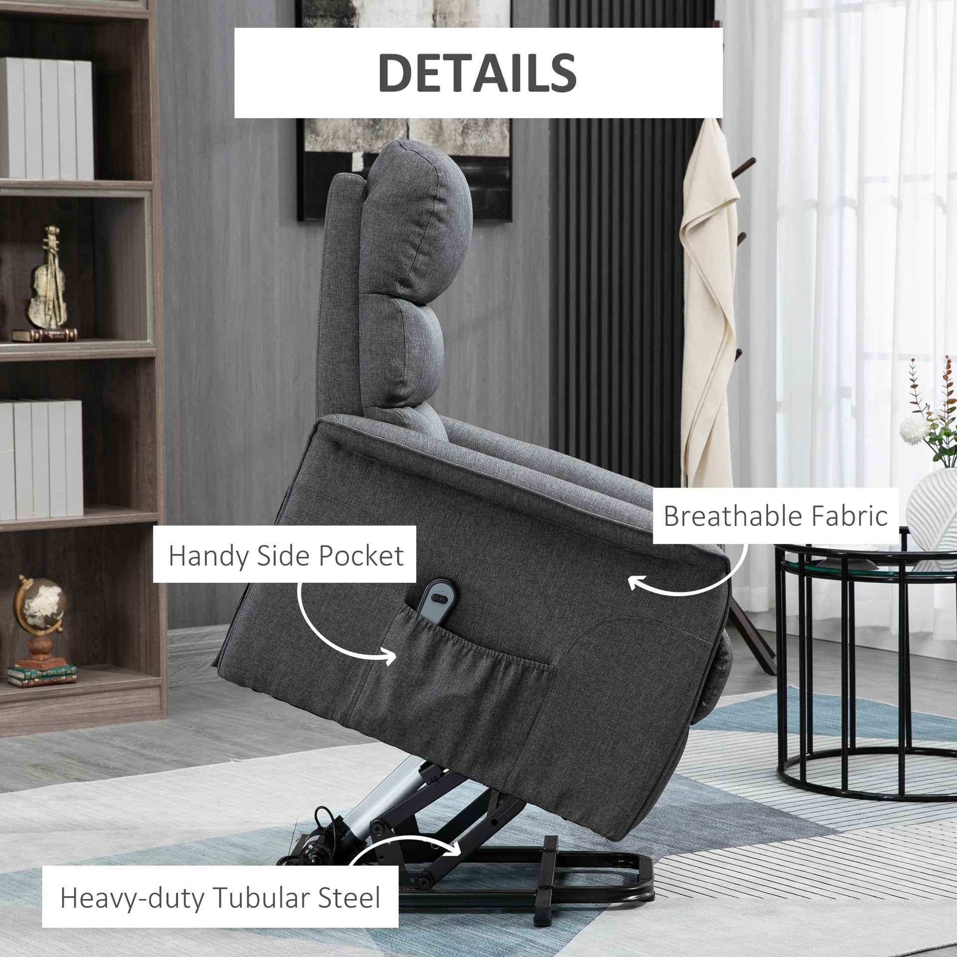 HOMCOM Power Lift Assist Recliner Chair for Elderly with Remote Control, Linen Fabric Upholstery Gray